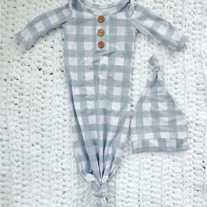 Dusty Blue Gingham Newborn Baby Knot Gown & Hat Set